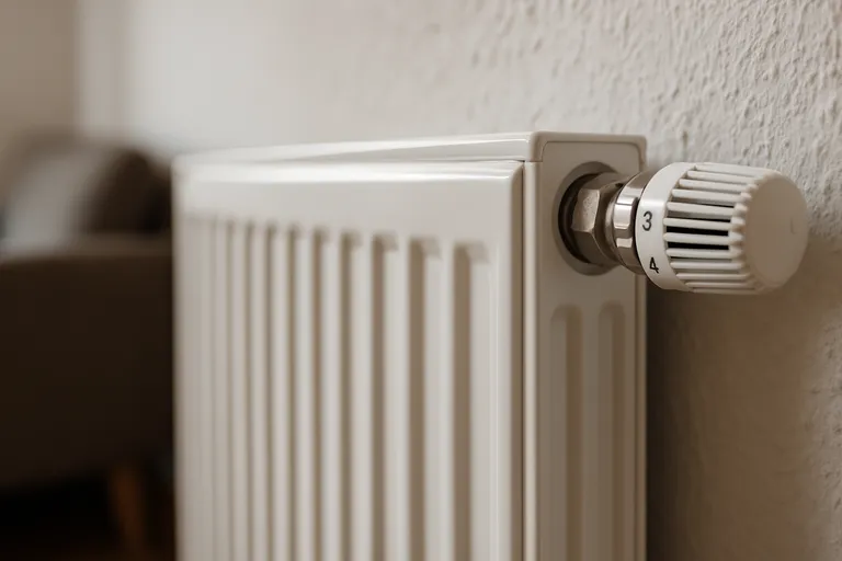 Primer plano de un radiador, apreciándose la válvula termostática. 