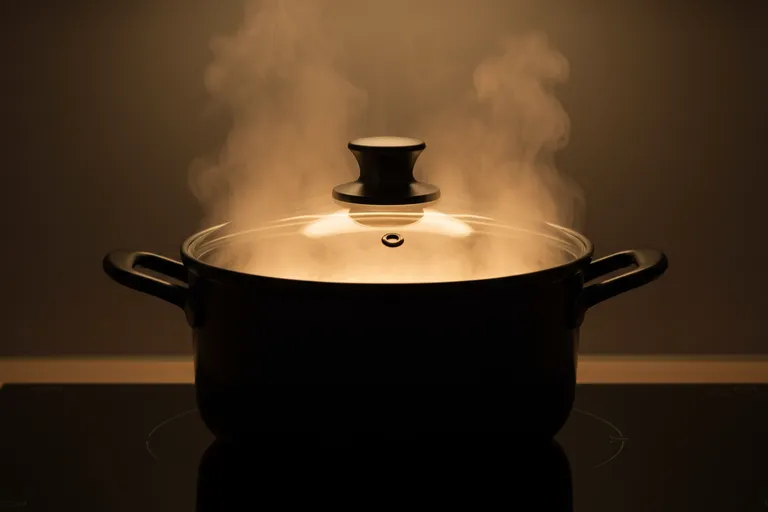 Olla con tapa sobre una vitrocerámica encendida, un truco para ahorrar energía al cocinar.