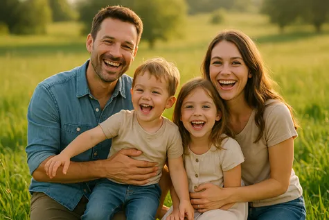 Familia feliz  disfrutando al aire libre en un campo verde al atardecer, representando los beneficios del ahorro energético y un estilo de vida sostenible

