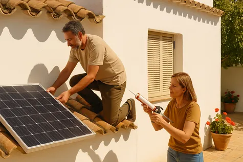 Pareja instalando placas solares en casa andaluza con geranios.