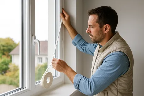 Instalador aplicando burlete aislante en ventana moderna para que el aislamiento sea óptimo.