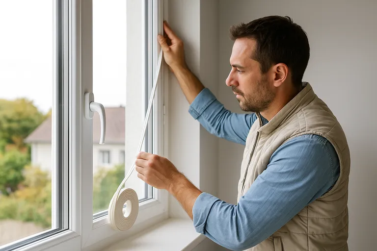 Instalador aplicando burlete aislante en ventana moderna para que el aislamiento sea óptimo.
