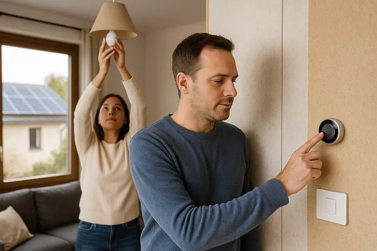 Pareja cambiando bombilla LED y ajustando termostato con paneles solares vistos desde la ventana.