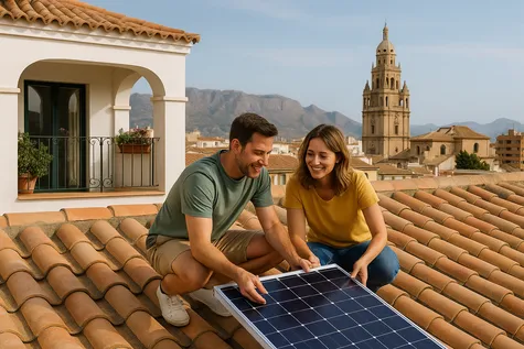 Pareja instala panel solar en tejado murciano con catedral de fondo.