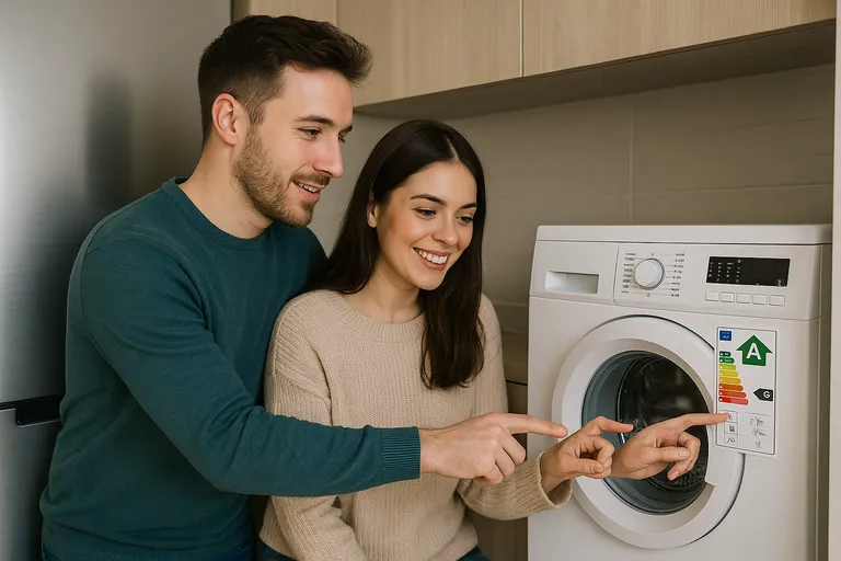 Pareja señalando etiqueta energética A de una lavadora moderna en una tienda de electrodomésticos. 