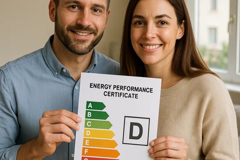 Pareja sosteniendo certificado energético con calificación D.