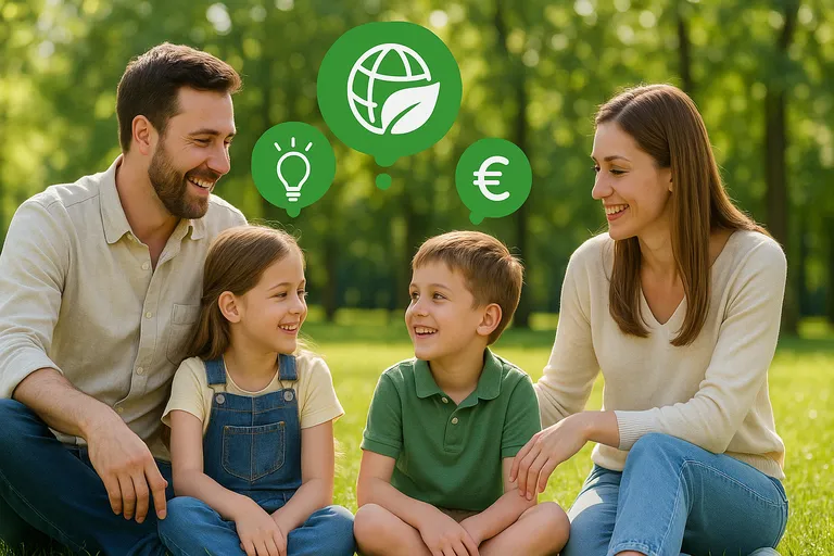 Familia charlando en un parque sobre ahorro energético, ecología y economía.
