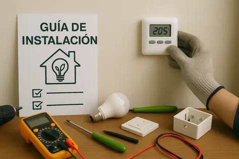 Mano instala termostato junto a guía de instalación y herramientas de eficiencia energética.