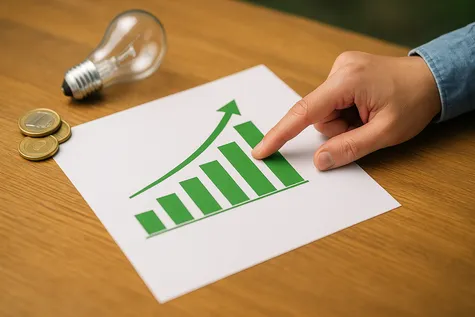 Mano señala gráfico verde de ahorro energético con bombilla y monedas sobre fondo de madera.
