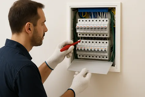 Hombre instalando una lámpara LED mientras verifica mantenimiento energético con herramientas.
