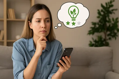 Mujer revisa móvil pensando en ahorro energético y valoraciones desde su hogar.