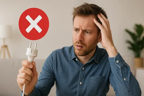 Hombre preocupado con enchufe en mano simboliza errores comunes en ahorro energético.