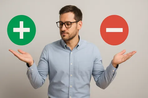 Hombre compara ventajas y desventajas del ahorro energético con gestos y símbolos.