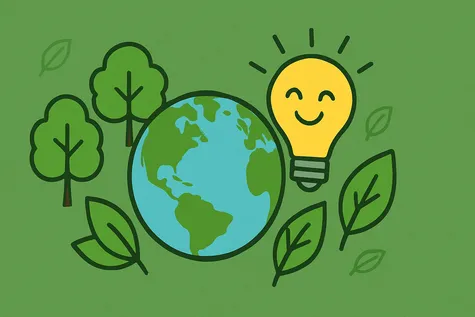Ilustración de planeta Tierra, bombilla feliz, árboles y hojas simbolizando impacto ambiental.
