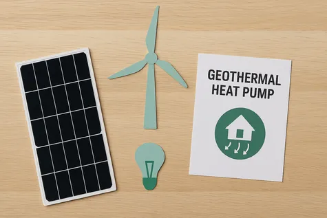 Panel solar, turbina eólica y bomba geotérmica como soluciones para el ahorro energético.
