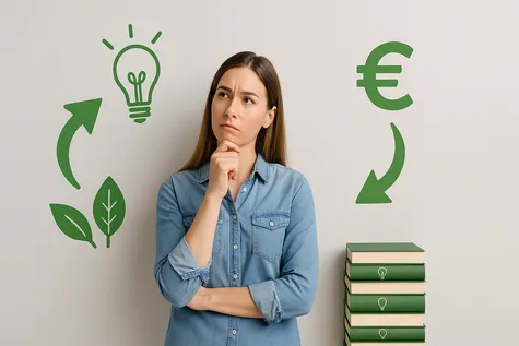 Mujer pensando cómo elegir opciones de ahorro energético con iconos ecológicos y económicos.
