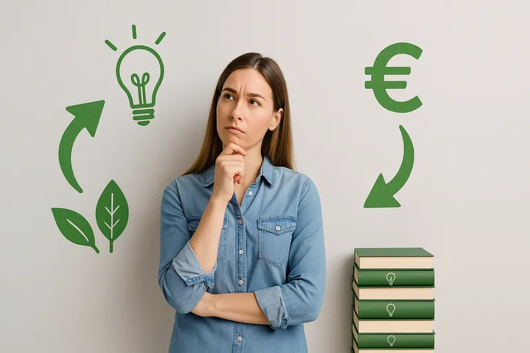 Mujer pensando cómo elegir opciones de ahorro energético con iconos ecológicos y económicos.
