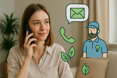 Mujer llama a experto en ahorro energético con iconos de contacto y hojas ecológicas.