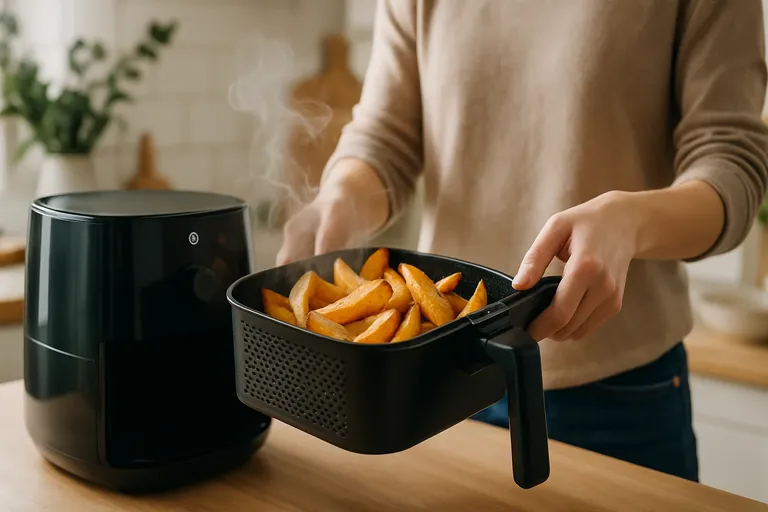 Persona sacando una cesta de patatas doradas de una freidora de aire en una cocina moderna, simbolizando el consumo eficiente y el resultado de cocinar con este aparato.
