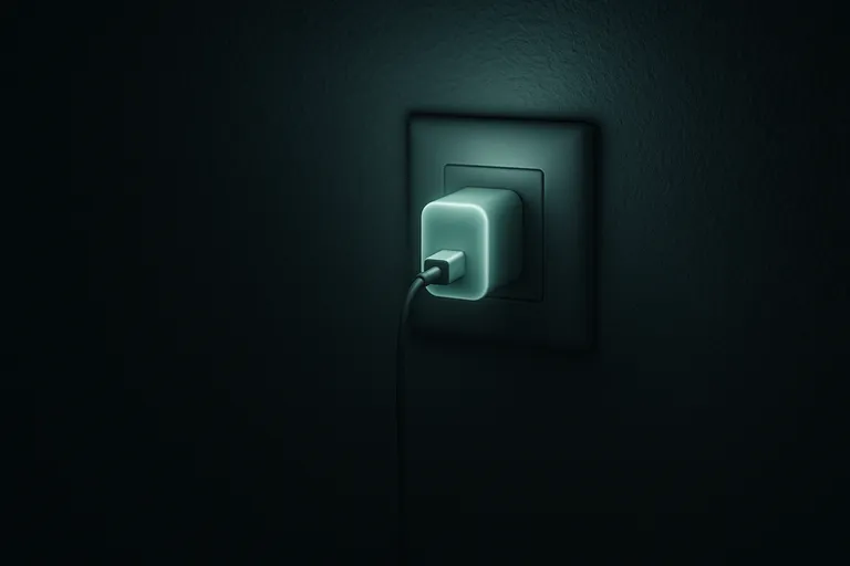 Cargador enchufado emitiendo un brillo, simbolizando el consumo fantasma de energía.