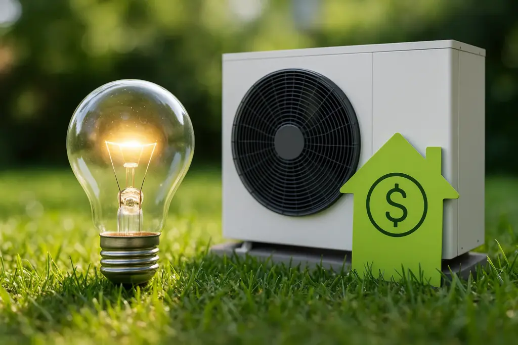 Bombilla encendida junto a una unidad de aerotermia y una figura de casa verde con símbolo de dólar, simbolizando el ahorro energético y económico mediante el uso de aerotermia en el hogar