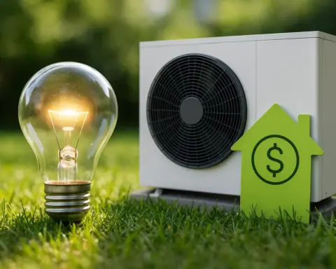 Bombilla encendida junto a una unidad de aerotermia y una figura de casa verde con símbolo de dólar, simbolizando el ahorro energético y económico mediante el uso de aerotermia en el hogar