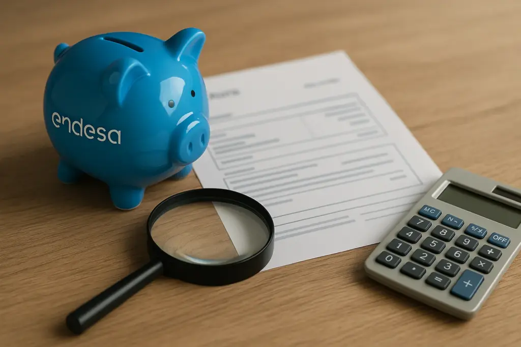 Hucha azul, lupa y calculadora junto a una factura, simbolizando el ahorro con Endesa.