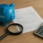 Hucha azul, lupa y calculadora junto a una factura, simbolizando el ahorro con Endesa.