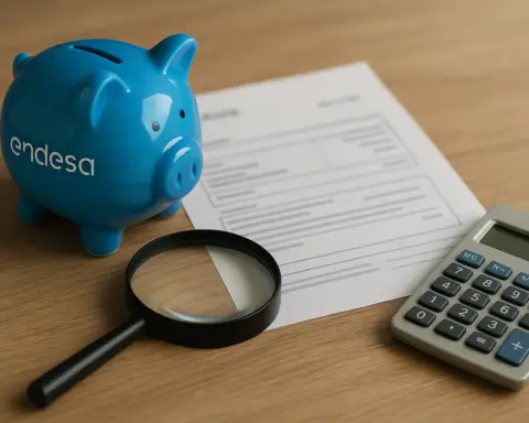 Hucha azul, lupa y calculadora junto a una factura, simbolizando el ahorro con Endesa.