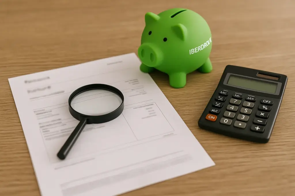 Hucha verde, lupa y calculadora junto a una factura, simbolizando el ahorro con Iberdrola.