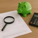 Hucha verde, lupa y calculadora junto a una factura, simbolizando el ahorro con Iberdrola.