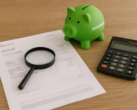 Hucha verde, lupa y calculadora junto a una factura, simbolizando el ahorro con Iberdrola.