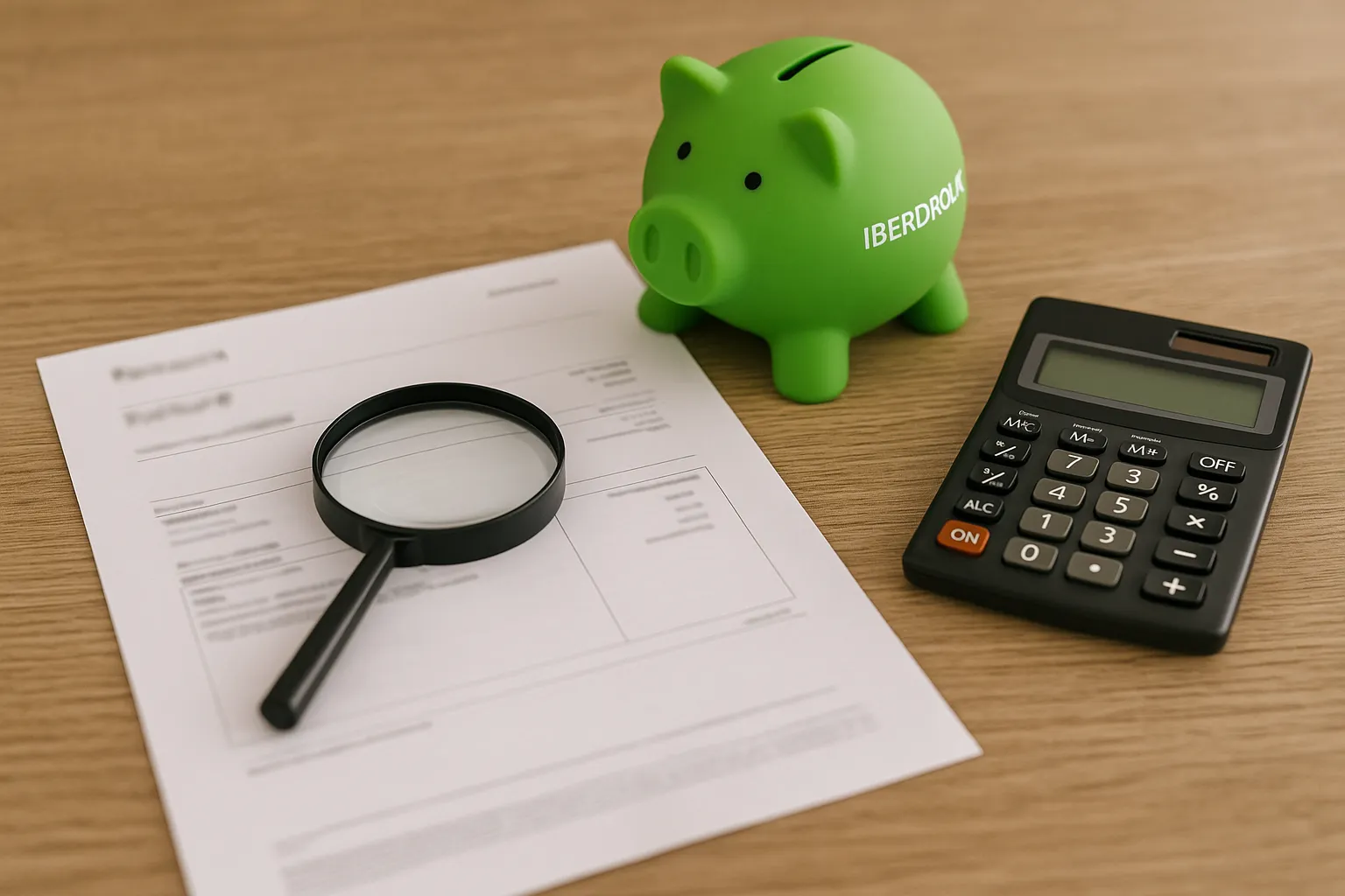 Hucha verde, lupa y calculadora junto a una factura, simbolizando el ahorro con Iberdrola.