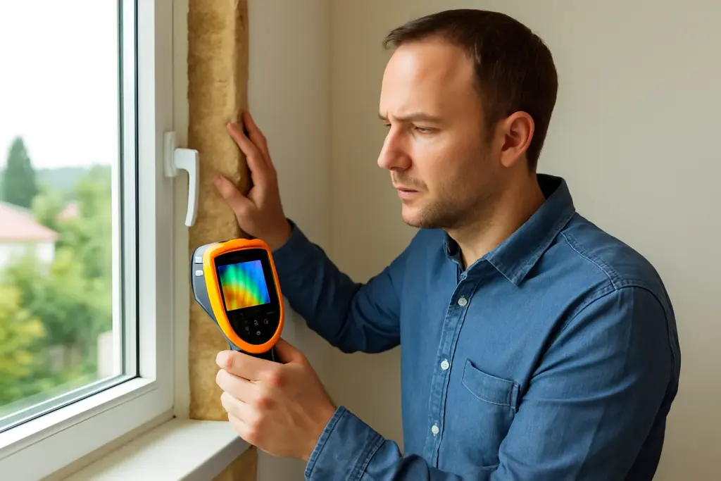 Hombre usando cámara térmica para revisar aislamiento de ventana en su hogar