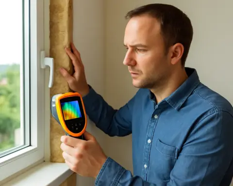 Hombre usando cámara térmica para revisar aislamiento de ventana en su hogar