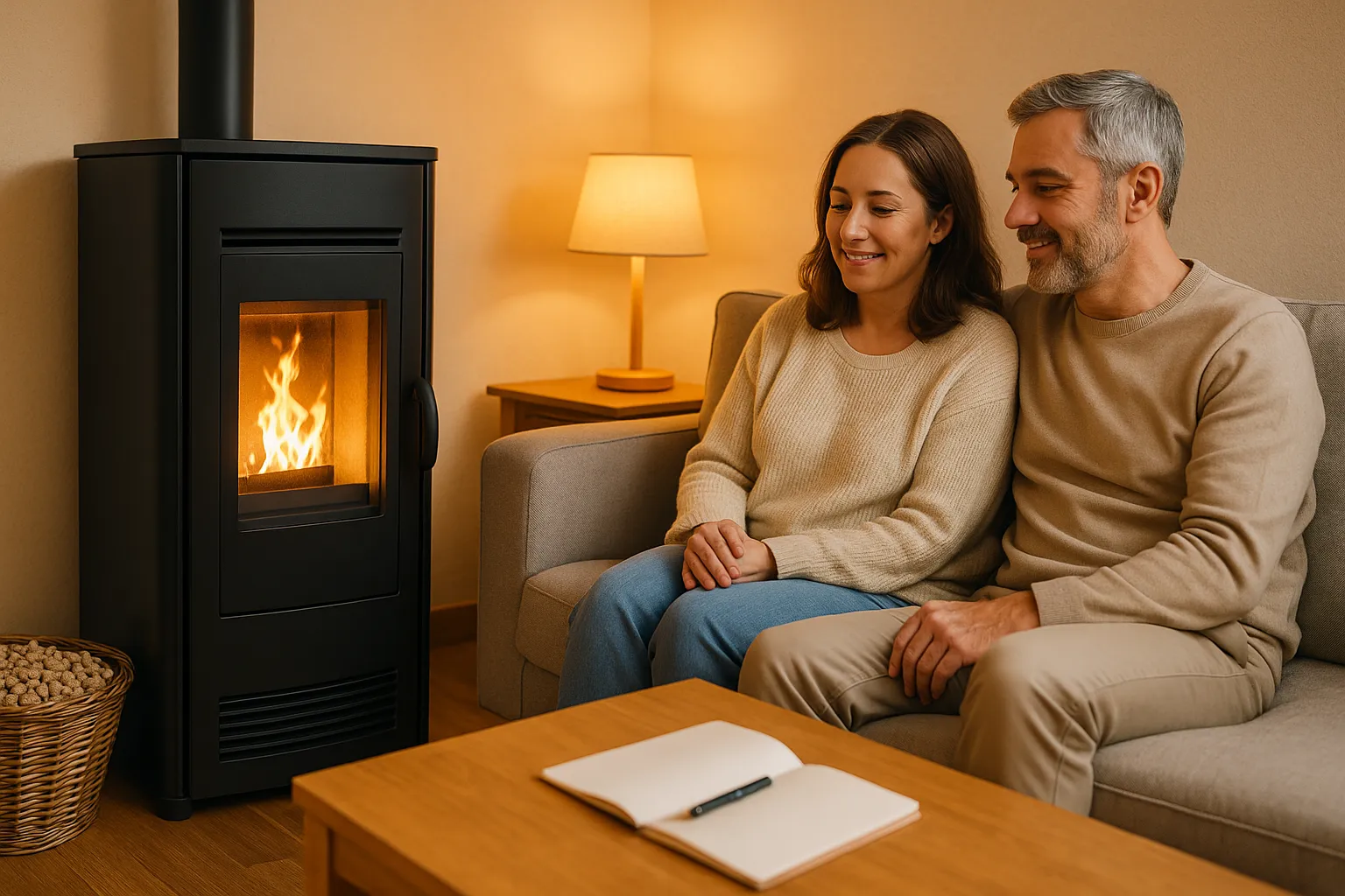 Pareja relajada junto a estufa de biomasa en salón acogedor