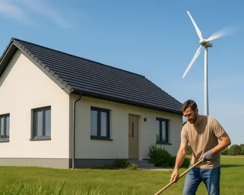 Casa con aerogenerador doméstico y hombre en jardín