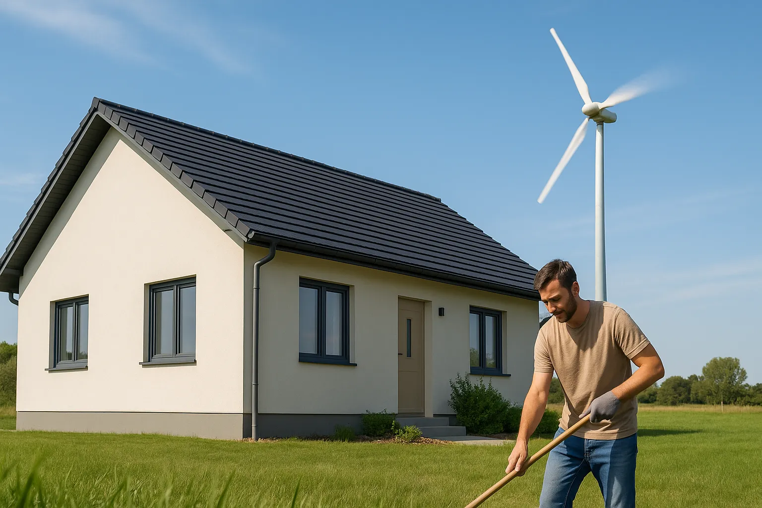 Casa con aerogenerador doméstico y hombre en jardín
