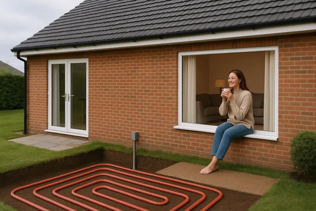 Mujer disfrutando calefacción con energía geotérmica en casa
