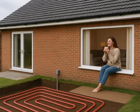 Mujer disfrutando calefacción con energía geotérmica en casa