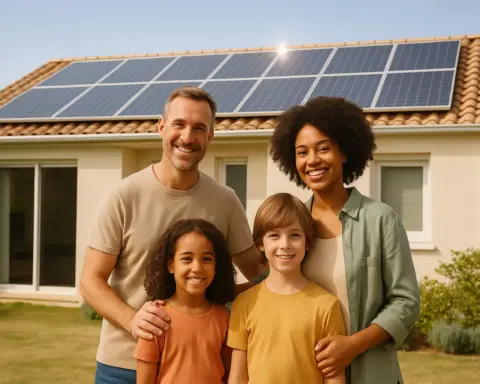 Familia frente a casa con paneles solares fotovoltaicos