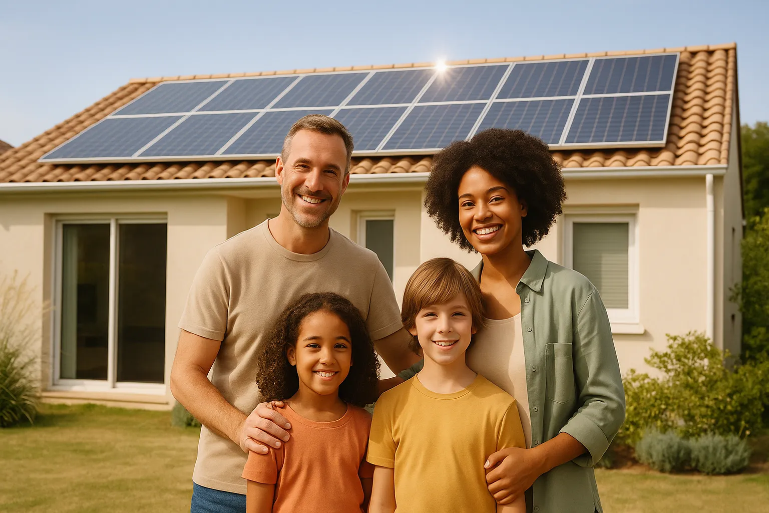 Familia frente a casa con paneles solares fotovoltaicos
