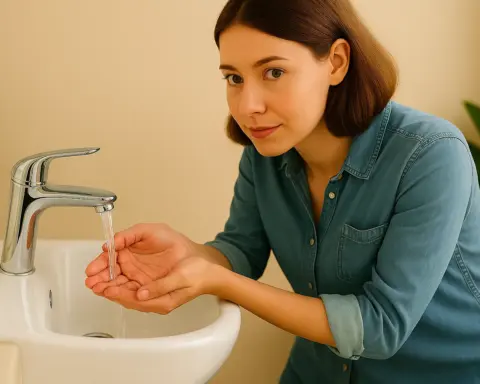 Mujer usando grifo eficiente en baño moderno y luminoso