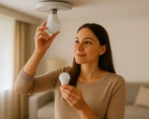 Mujer rcolocando bombillas LED en salón luminoso