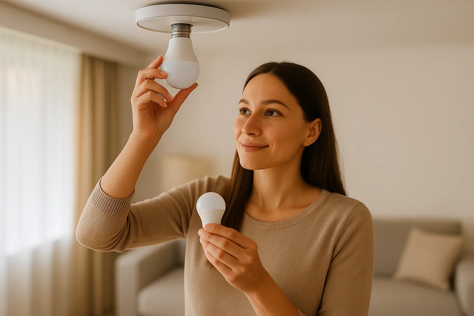 Mujer rcolocando bombillas LED en salón luminoso