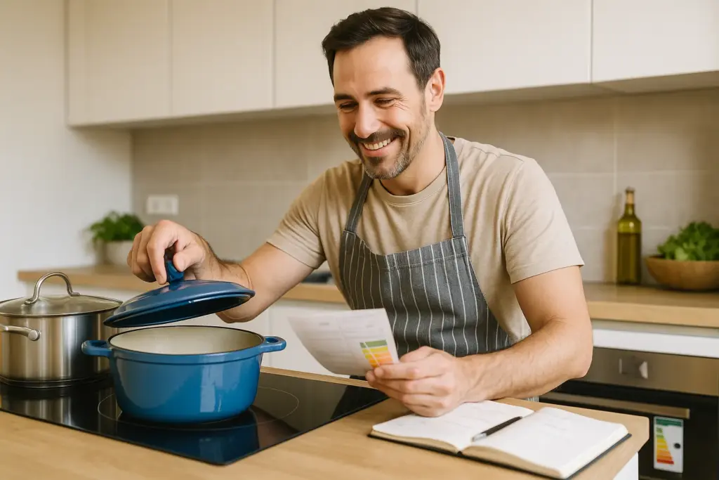 Hombre cocinando con eficiencia energética en vitrocerámica