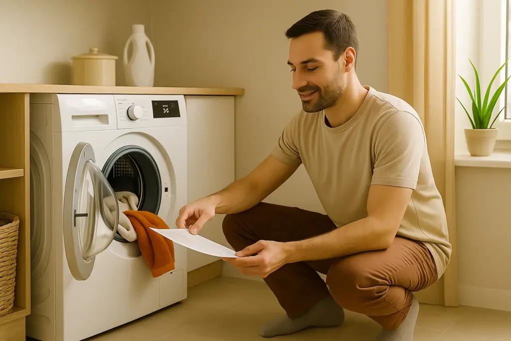 Hombre usando lavadora eficiente con programa de baja temperatura