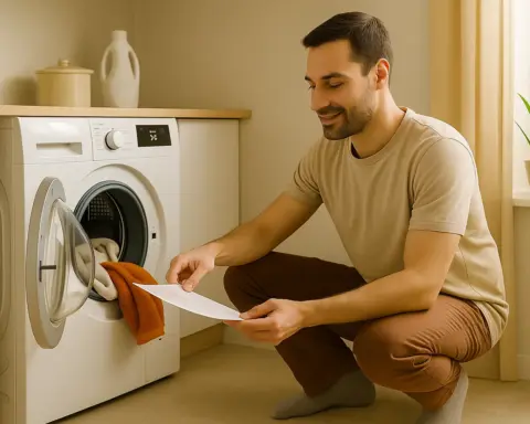 Hombre usando lavadora eficiente con programa de baja temperatura