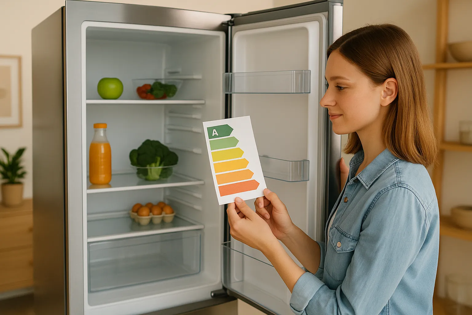 Chica organizando la nevera para mejorar el consumo energético