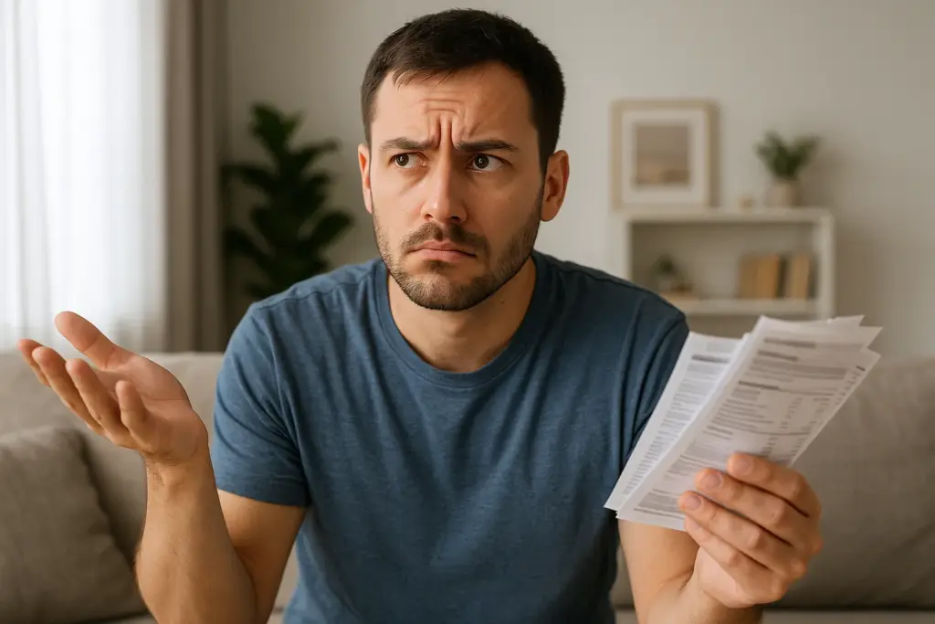 Hombre pensando en cómo ahorrar energía con las facturas de luz en la mano.